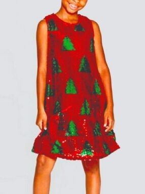 Cat & Jack Red Sequin Christmas Tree Holiday Dress Sz M (7/8)
